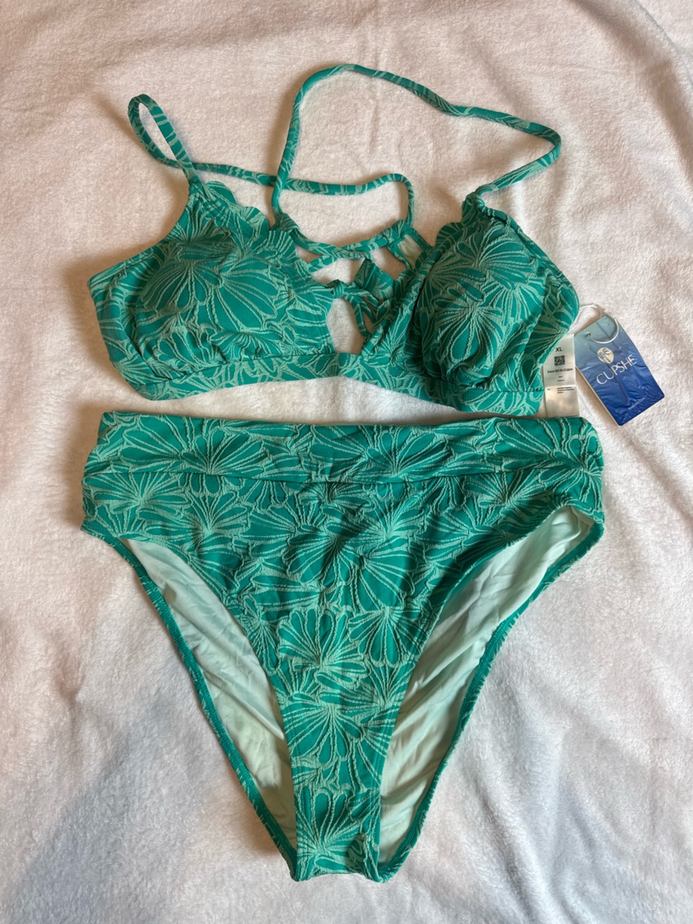 Cupshe Teal Floral Textured Bikini Top and High-Waist Bottoms